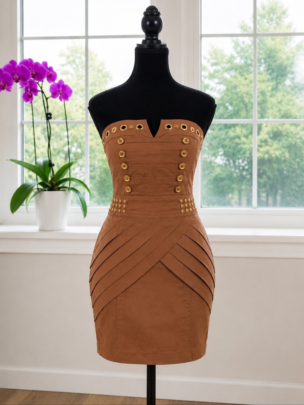 Strapless Military Style Mini Dress, brown/tan, Size S, New with Tags
